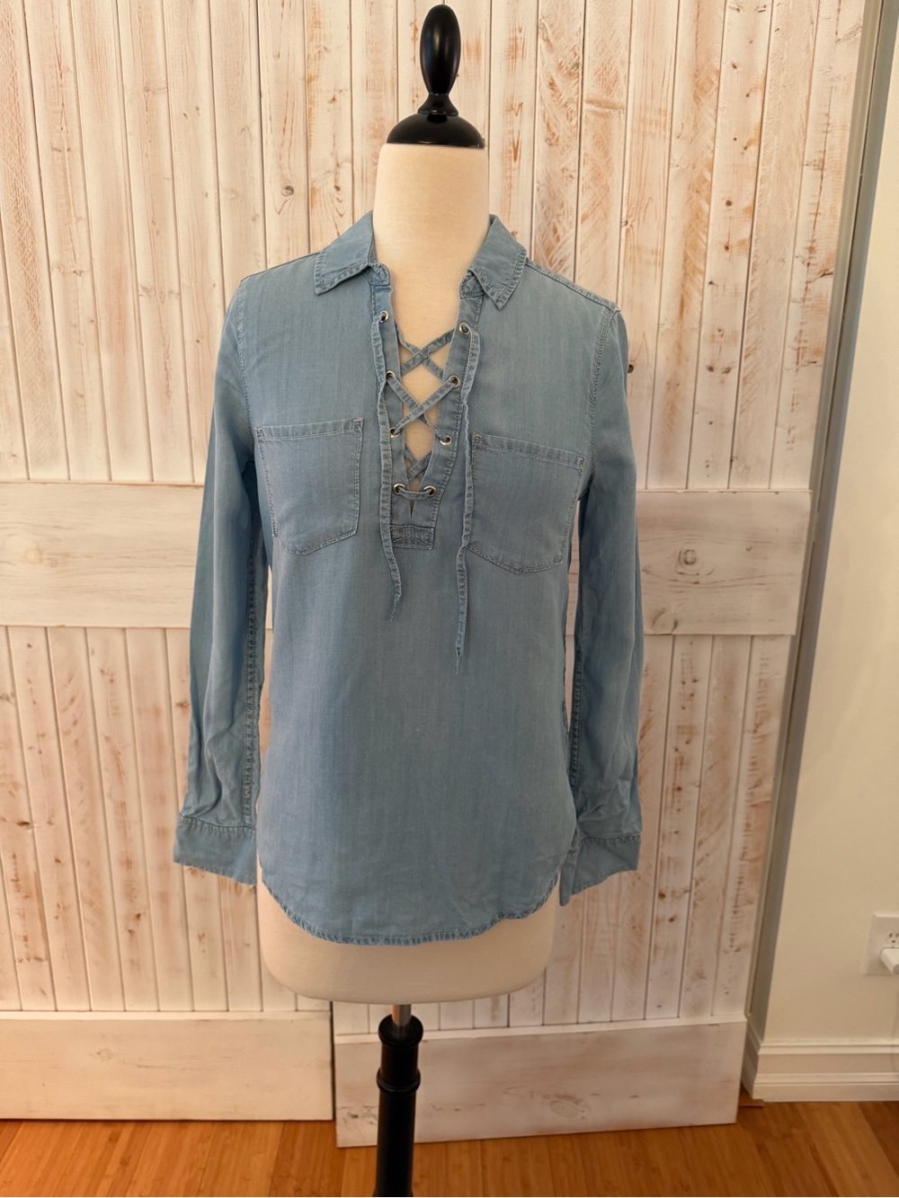 Paige Lace-Up Light Blue Denim Shirt - Women Tops